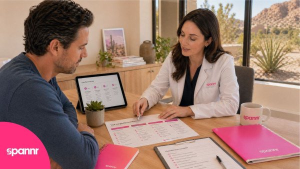 Spannr clinician reviewing a longevity care roadmap with a client in a bright office