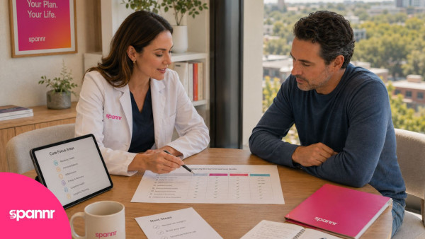 Spannr clinician comparing longevity doctor options with a client in a city-view office.
