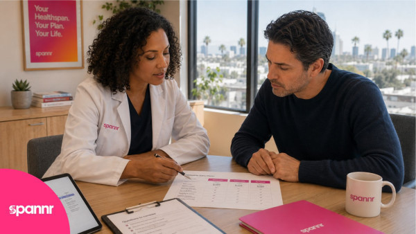 Spannr clinician reviewing a longevity care plan with a client in a Los Angeles office.
