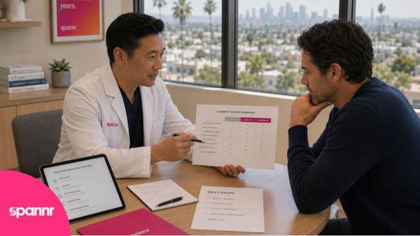 Spannr clinician comparing longevity care path options with a client in a Los Angeles office.