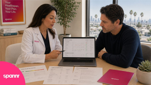 Spannr clinician reviewing biomarker results and a personalized action plan with a client in a Los Angeles office.