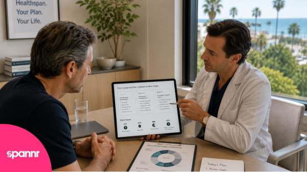 Longevity clinician reviewing care plan options and next steps with a client in a coastal Los Angeles office.