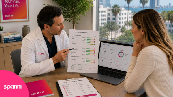 Spannr clinician reviewing a comprehensive biomarker report and health overview with a client in a Miami office.
