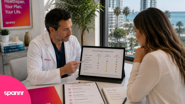 Spannr clinician comparing longevity doctor options with a client in a Miami office overlooking the coast.