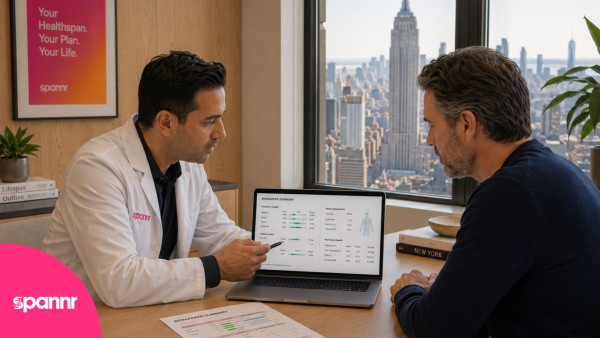 Longevity clinician reviewing biomarker results with a client in a New York City office overlooking the skyline.