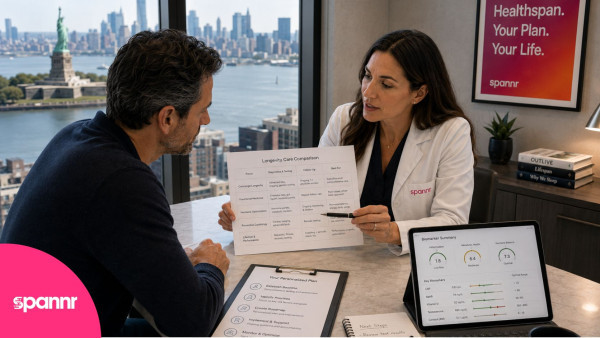 Longevity clinician comparing care models with a client in a New York City office overlooking the Statue of Liberty and Manhattan skyline.