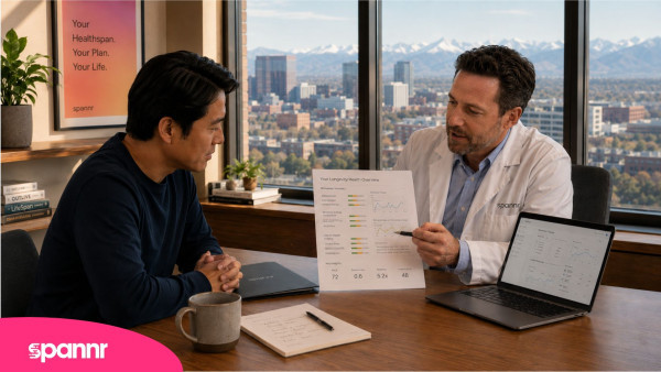 Longevity clinician reviewing a health overview with a client in a Denver office overlooking the mountains.