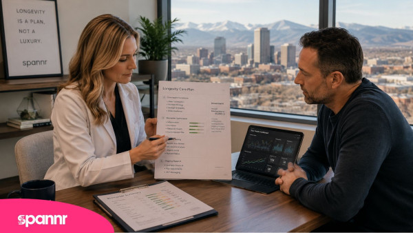 Longevity clinician reviewing a care plan and investment options with a client in a Denver office overlooking the mountains.