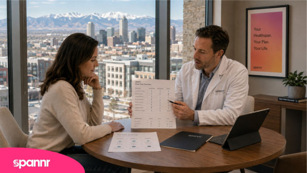Longevity clinician reviewing a care plan overview with a client in a Denver office overlooking the city and mountains.