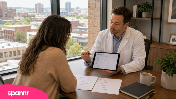 Longevity clinician comparing care roadmap options with a client in a Nashville office overlooking the city.
