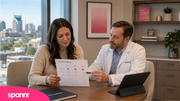Longevity clinician reviewing a phased care plan roadmap with a client in a Nashville office overlooking the city.