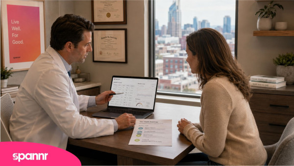 Longevity clinician reviewing biomarker trends and a health roadmap with a client in a Nashville office overlooking the city.